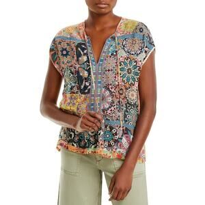 Johnny Was Kaleida Paise Top Blouse Floral V Neck Short Sleeve Tassel Mu…